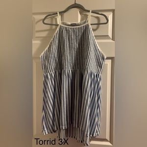 Torrid 3X Blue & White Stripe Jersey Smocked High Neck Babydoll Top
